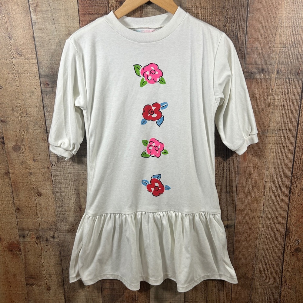 Vintage 80s 90s Gitano Girls Dress Youth 10-12 Floral Glitter Drop Waist Retro